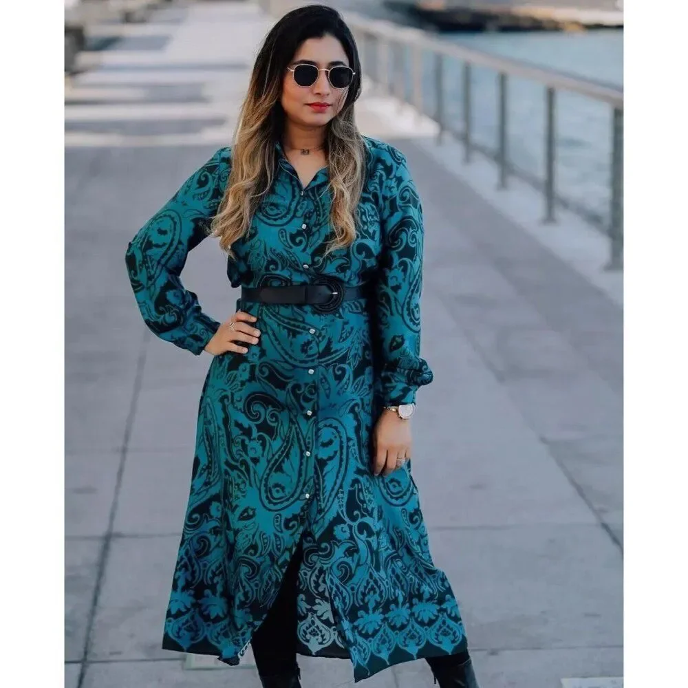 Zara Womens Shirt Dress M Blue Paisley Print Satin Midi Long Sleeve 8735/214 NWD